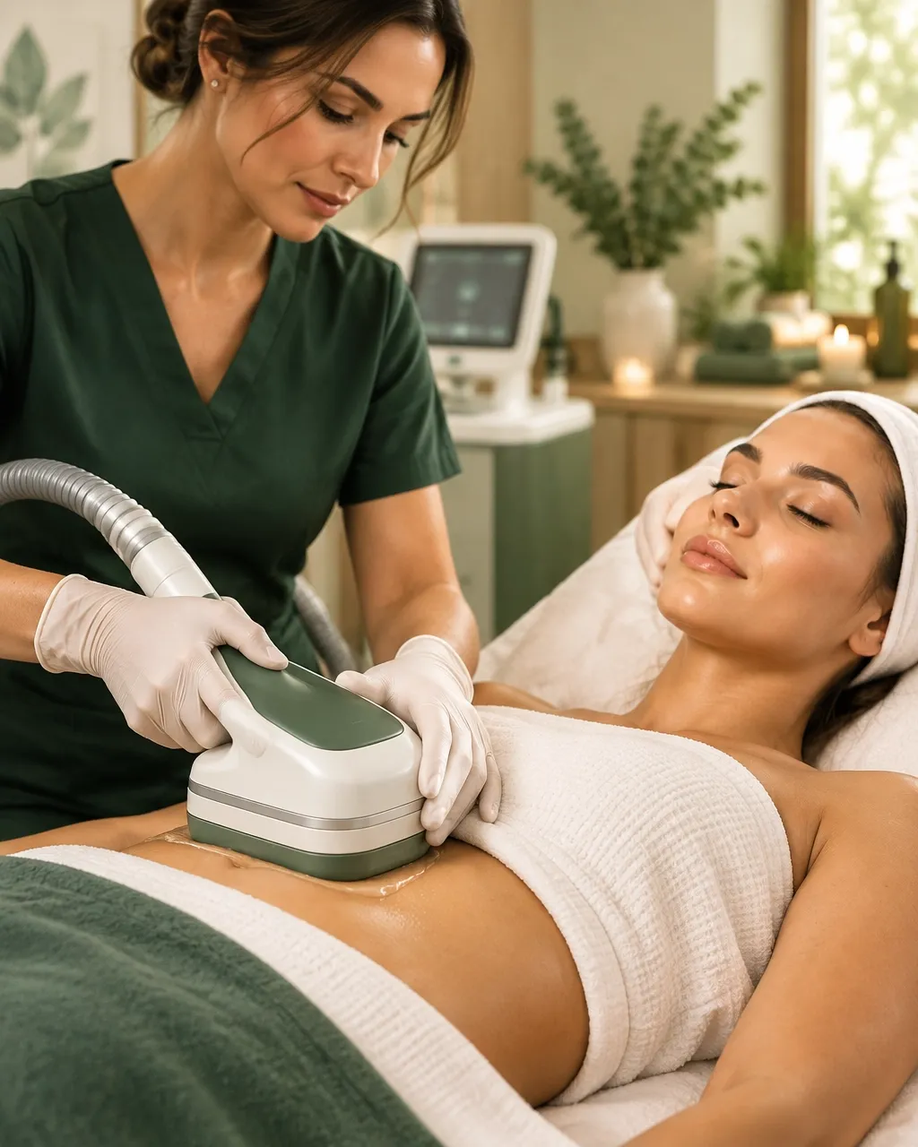 A practitioner delivering a non-invasive body contouring treatment
