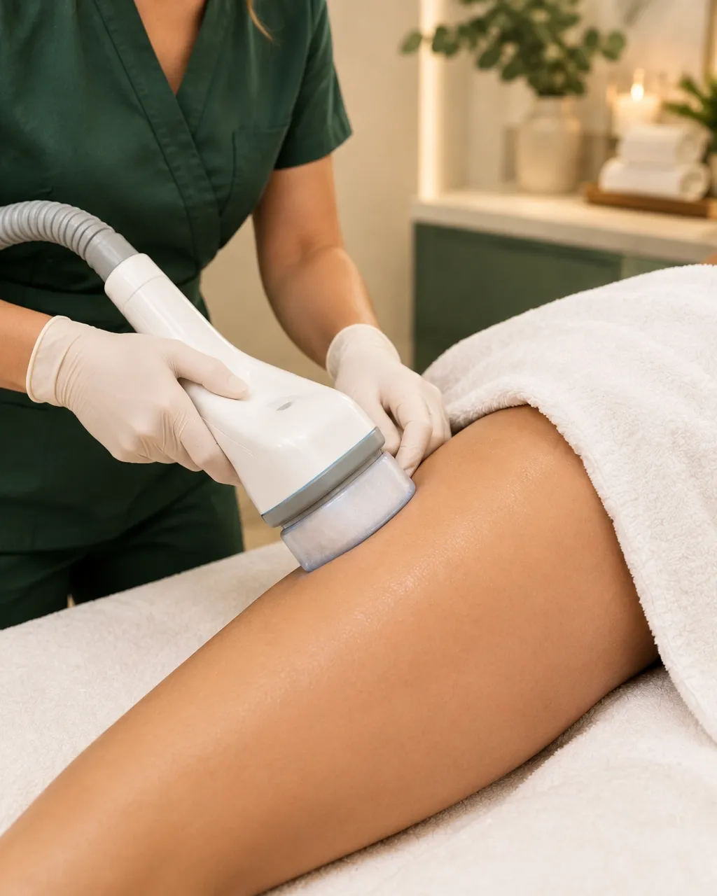 A practitioner performing a gentle cryo-toning treatment