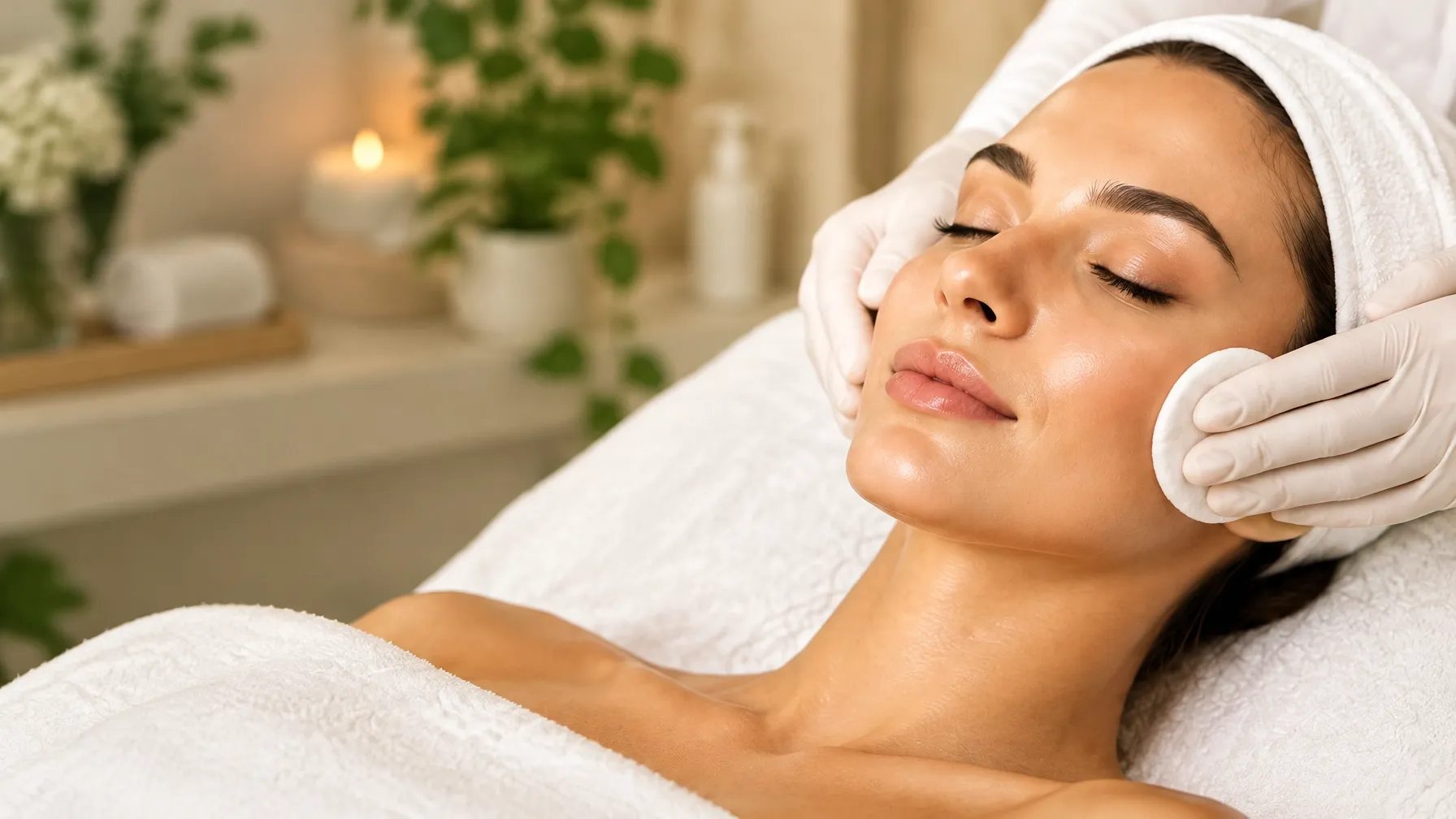 A client receiving a relaxing facial treatment in a bright, calm spa room