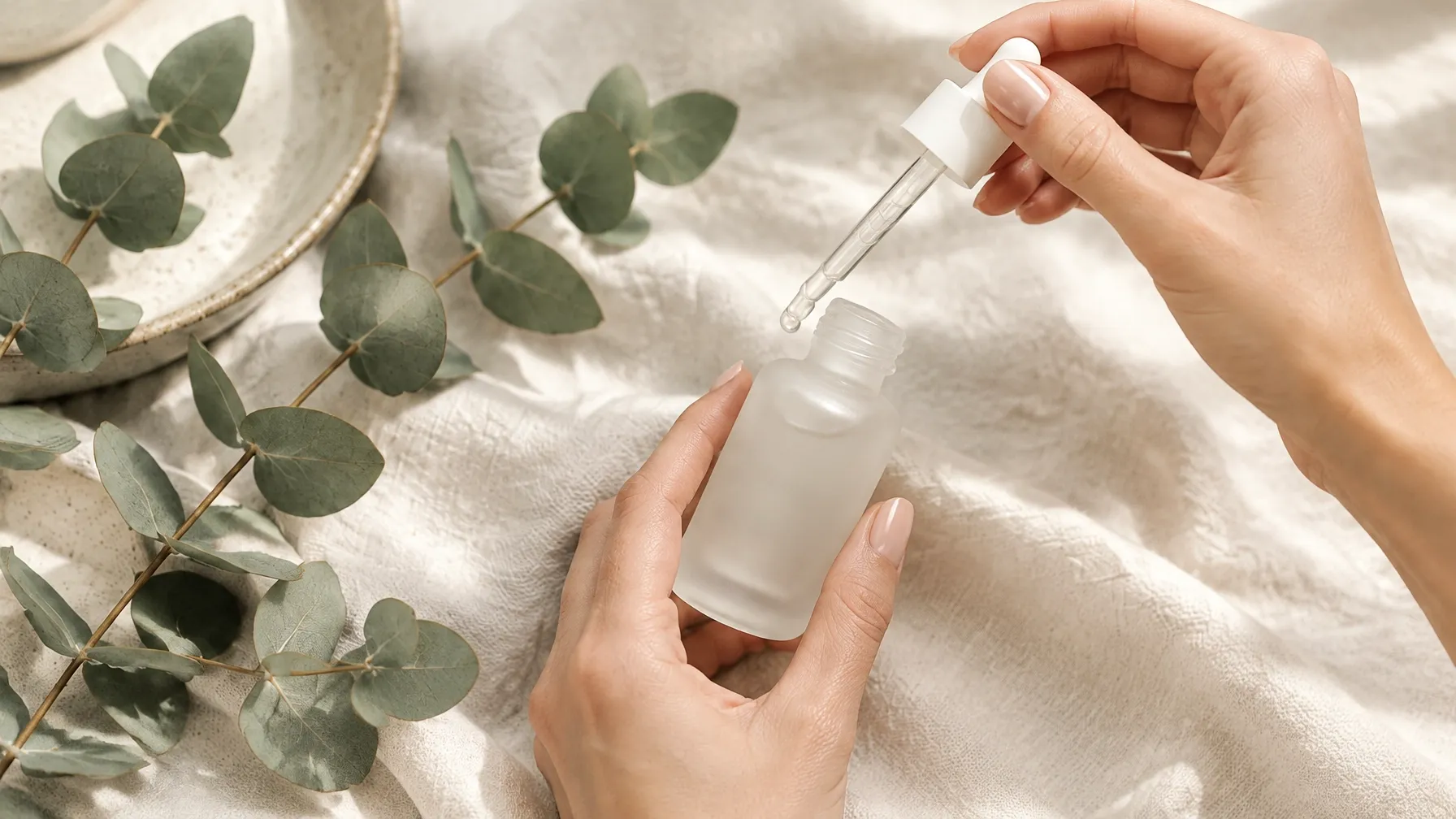 Skincare serum and eucalyptus arranged on soft linen